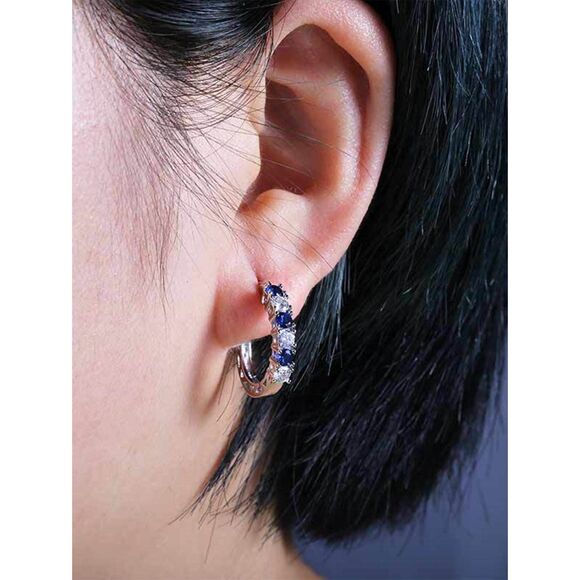 Sapphire Blue Cubic Zirconia Silver Hoop Earrings Classic Elegant Gemstone New - Picture 6 of 7